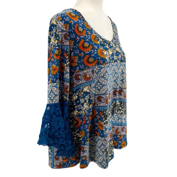 Roommates Boho Flowy Mixed Floral Print Lace Ruffle Bell Sleeve Tops - Picture 3 of 16